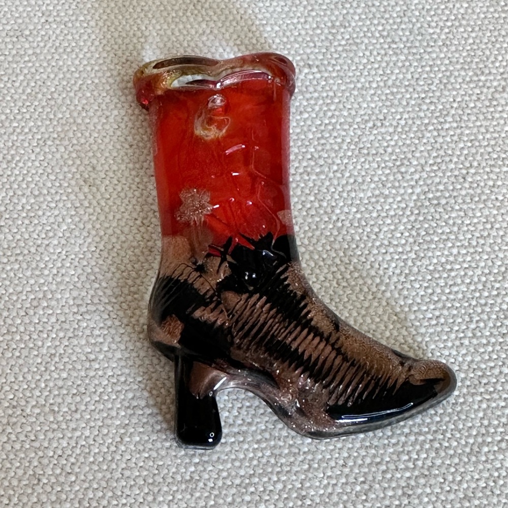 NWT Beautiful Handmade Black, Orange & Copper Glitter Murano Glass Boot Pendant